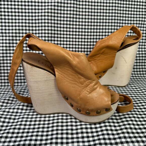 Chloe Studded Brown Leather Ankle Strap Wood Platform Clog Style Heel EU 38 - Picture 2 of 8